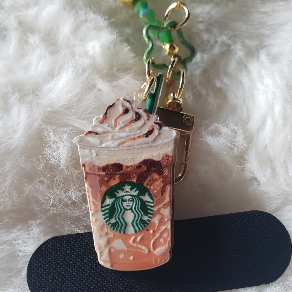 Green and Gold Beaded Phone Holder Keychain with Coffee Charm.